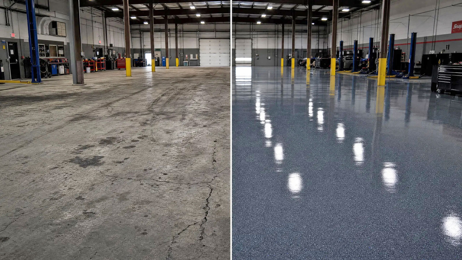 Commercial floor coating before and after — auto shop in Papillion and the Omaha metro area
